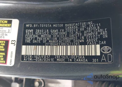 2011 Toyota Corolla S from USA, damaged, VIN 2T1BU4EE8BC623285